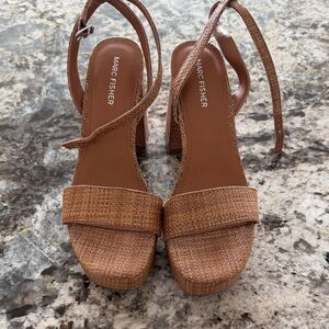 Marc Fisher Brown Woven Ankle-Strap Block Heels